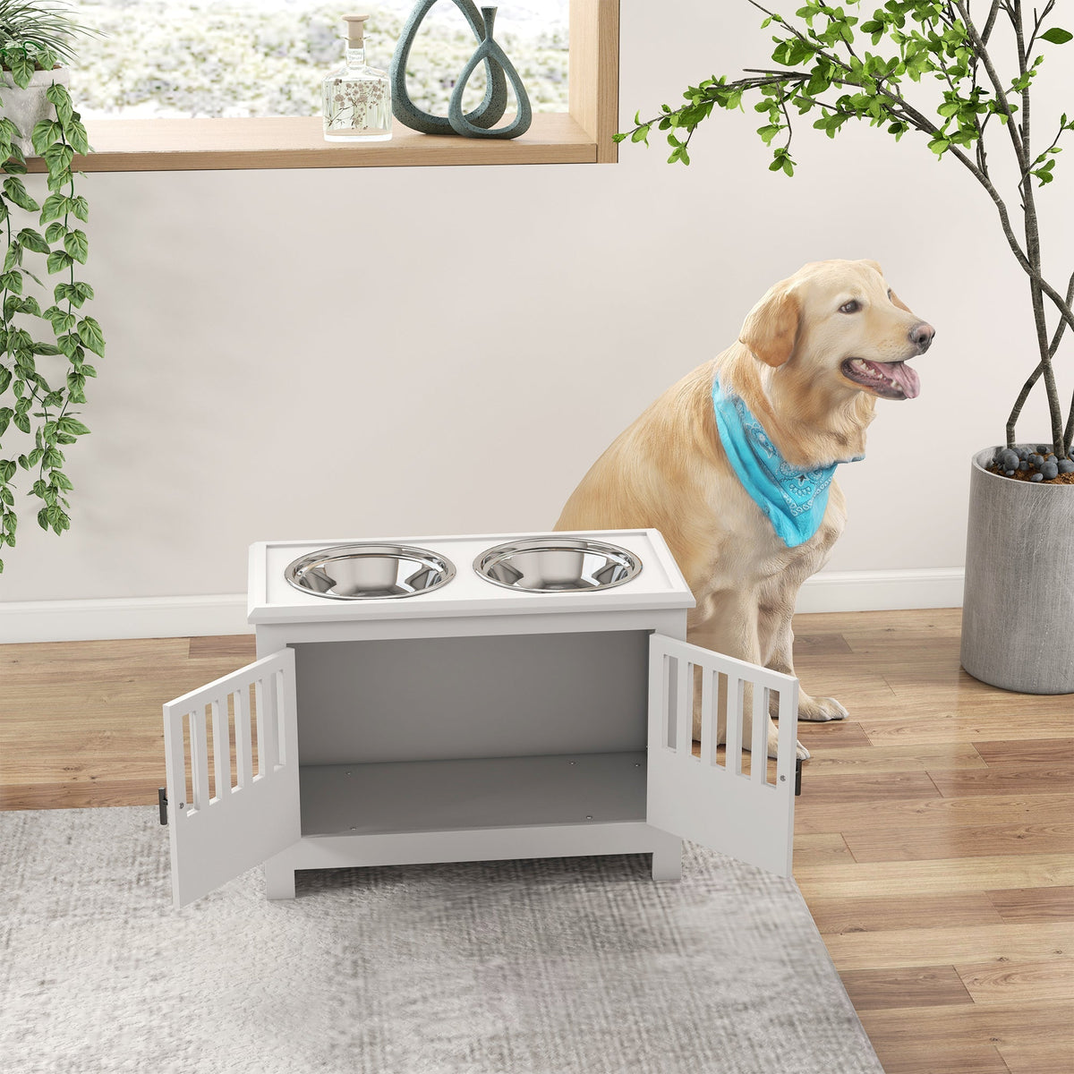 Elevated Pet Feeder, 2L Bowl, Storage, Lock, White