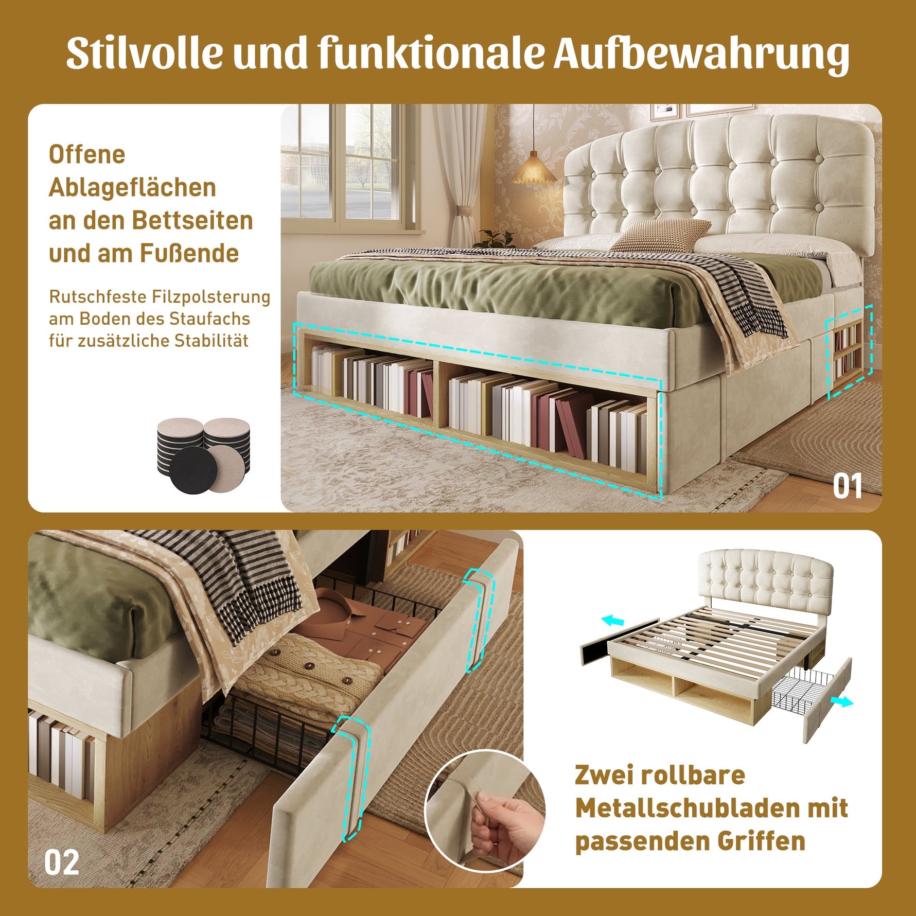 Double Bed with Storage Drawers and Adjustable Headboard, 140x190cm, Beige Velvet
