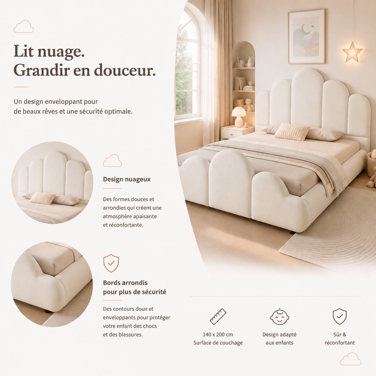 Upholstered Kids Bed 140x200cm with Headboard in Beige Velvet
