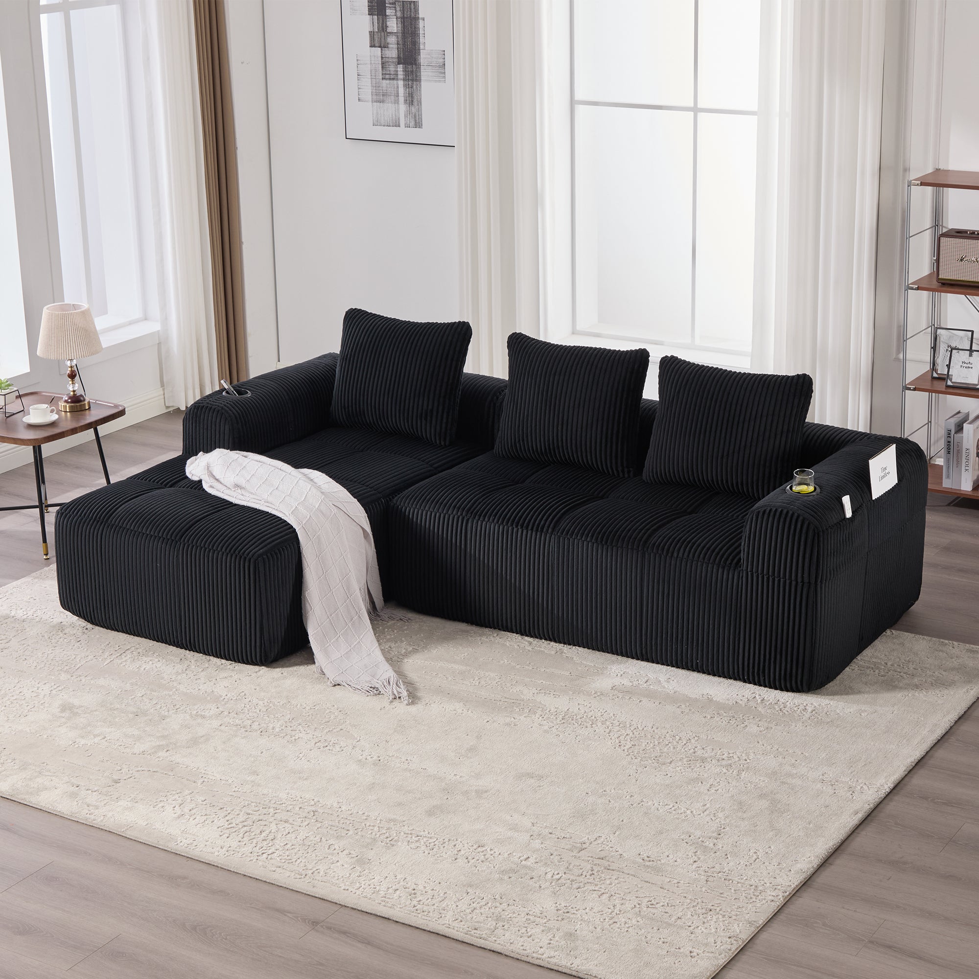 Compact Modular Sofa Side Pocket Cup Holder 3 Cushions - Corduroy Black