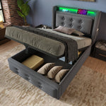 Upholstered Bed 90x200 Single Hydraulic LED/USB-C Grey Cotton