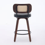 Set of 2 Counter Height Bar Stools with Swivel and Rattan Cane Back, Walnut Black