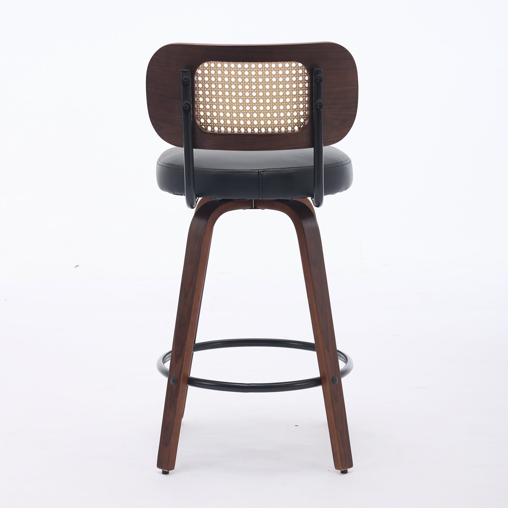 Set of 3 Counter Height Bar Stools Swivel Rattan Cane Back 26 inch Upholstered Seat Walnut Black