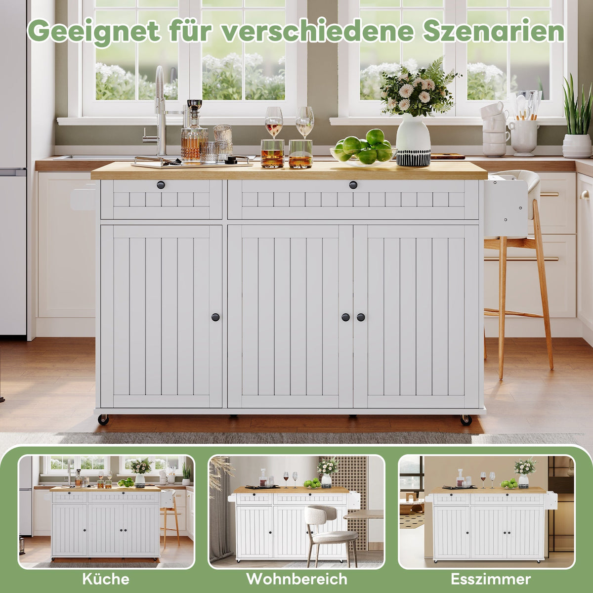 Kitchen Island Cabinet, Fold-Down Worktop Drawers Casters, White