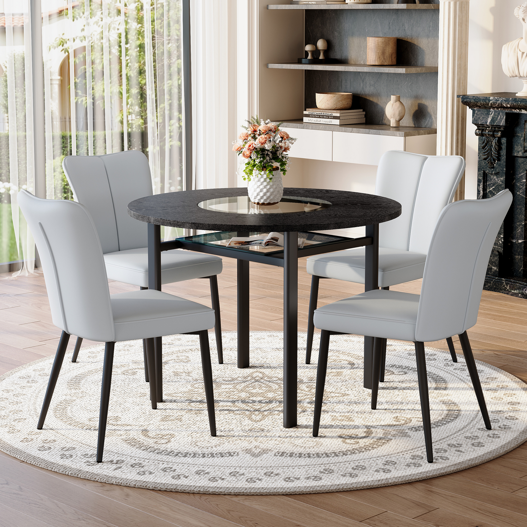Round Table Set Modern Minimalist 100cm 4 Armchairs - Black/Light Grey PU