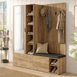 Wardrobe Set with Mirror, Shoe Bench and Coat Rack, Wood Color