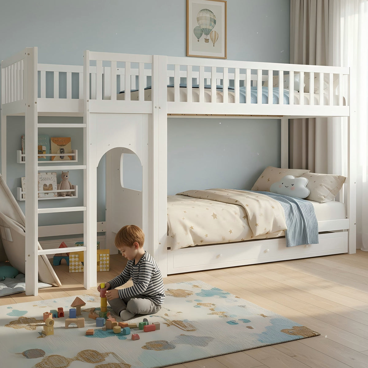 Bunk Bed for Children with Straight Ladder and Safety Railings, 90x200cm, White Pine + MDF