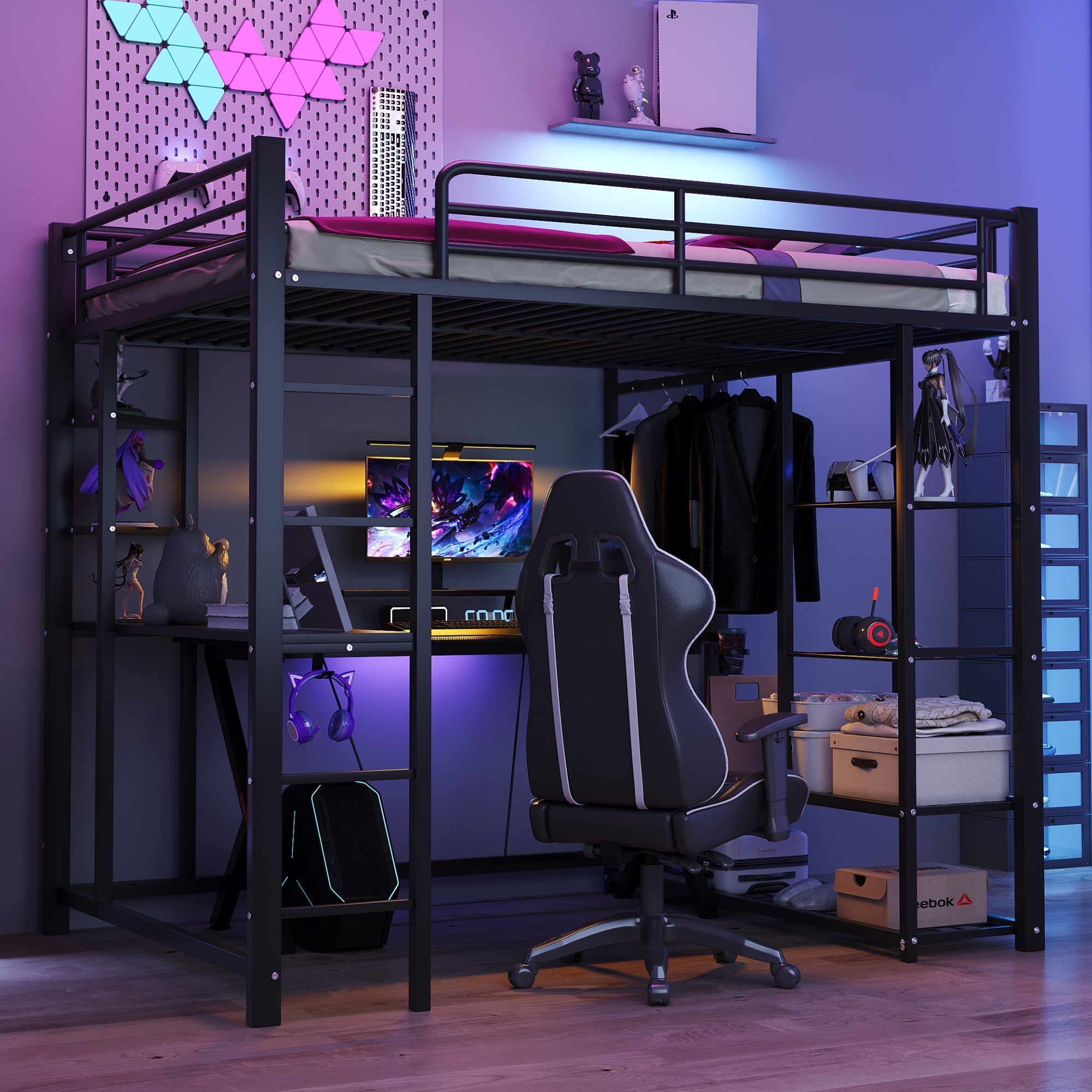 Metal Loft Bed, 140x200 cm, with Ladder, Table, and Storage, Black