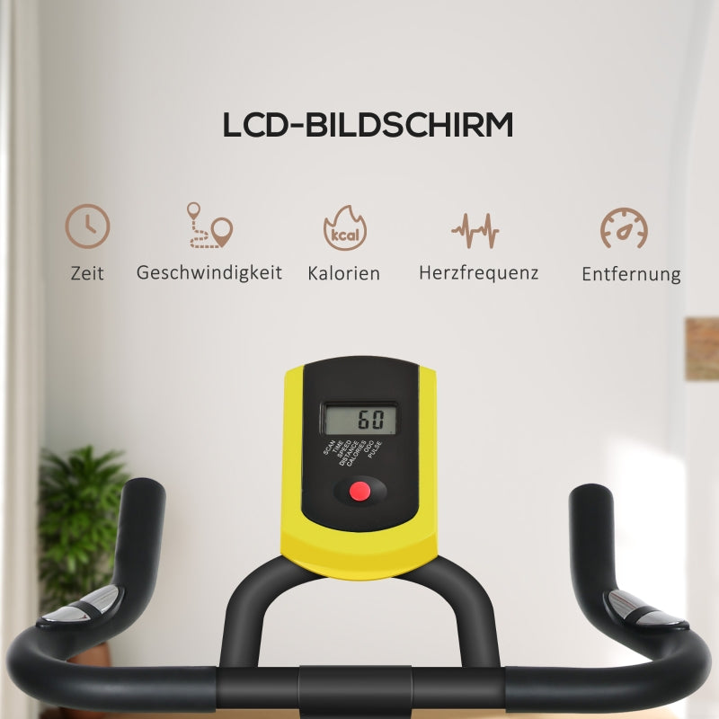 Exercise Bike, Adjustable Seat & Resistance, LCD Display, Heart Rate Sensor, Steel, Yellow