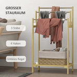 Freestanding Towel Rack Stand with 4 Hooks 3 Bars for Bathroom, Bamboo Natural