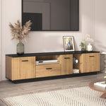 TV Cabinet 1 Drawer 3 Doors Glass Compartments Fine Texture 16 LED Lights, Black/Natural Wood
