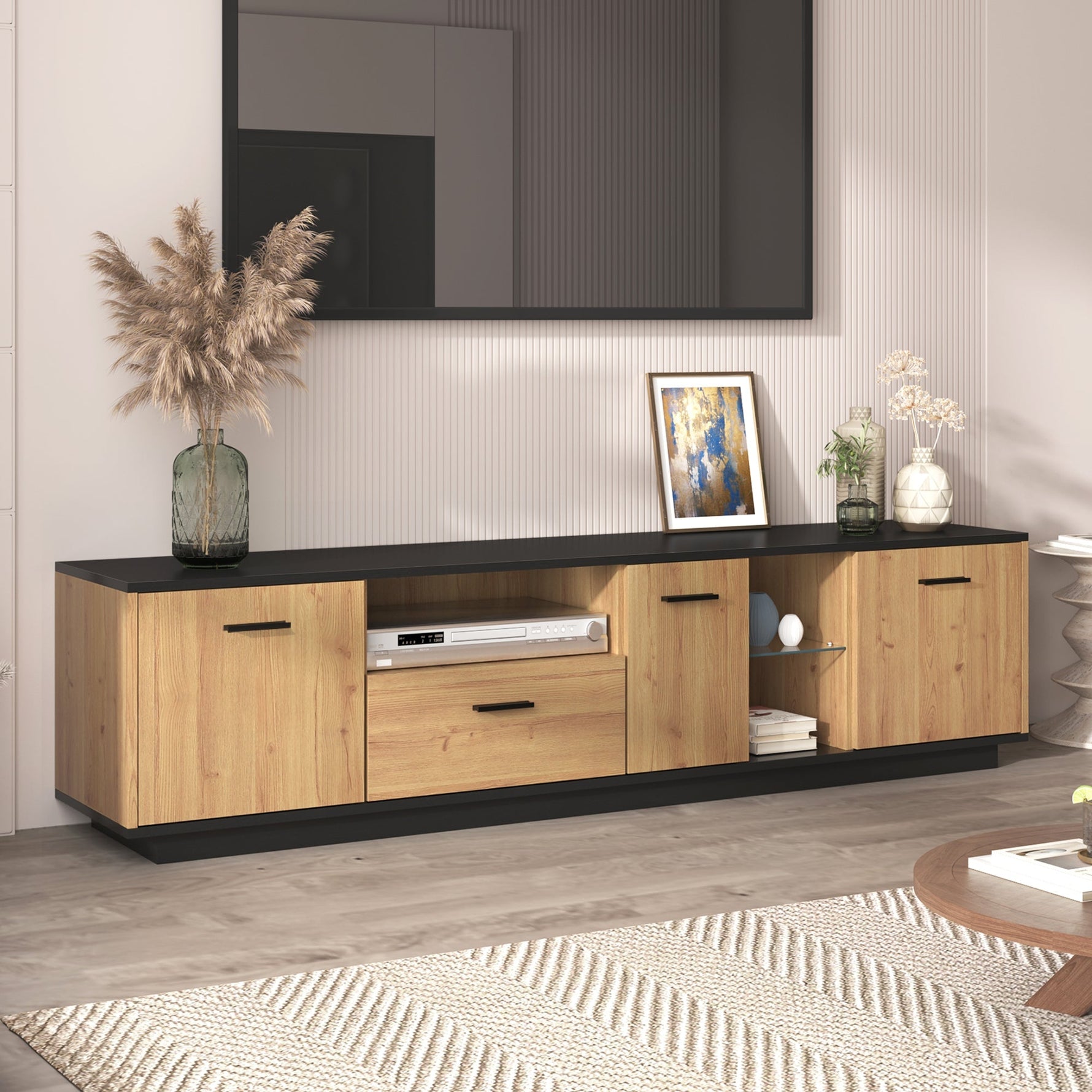 TV Cabinet 1 Drawer 3 Doors Glass Compartments Fine Texture 16 LED Lights, Black/Natural Wood