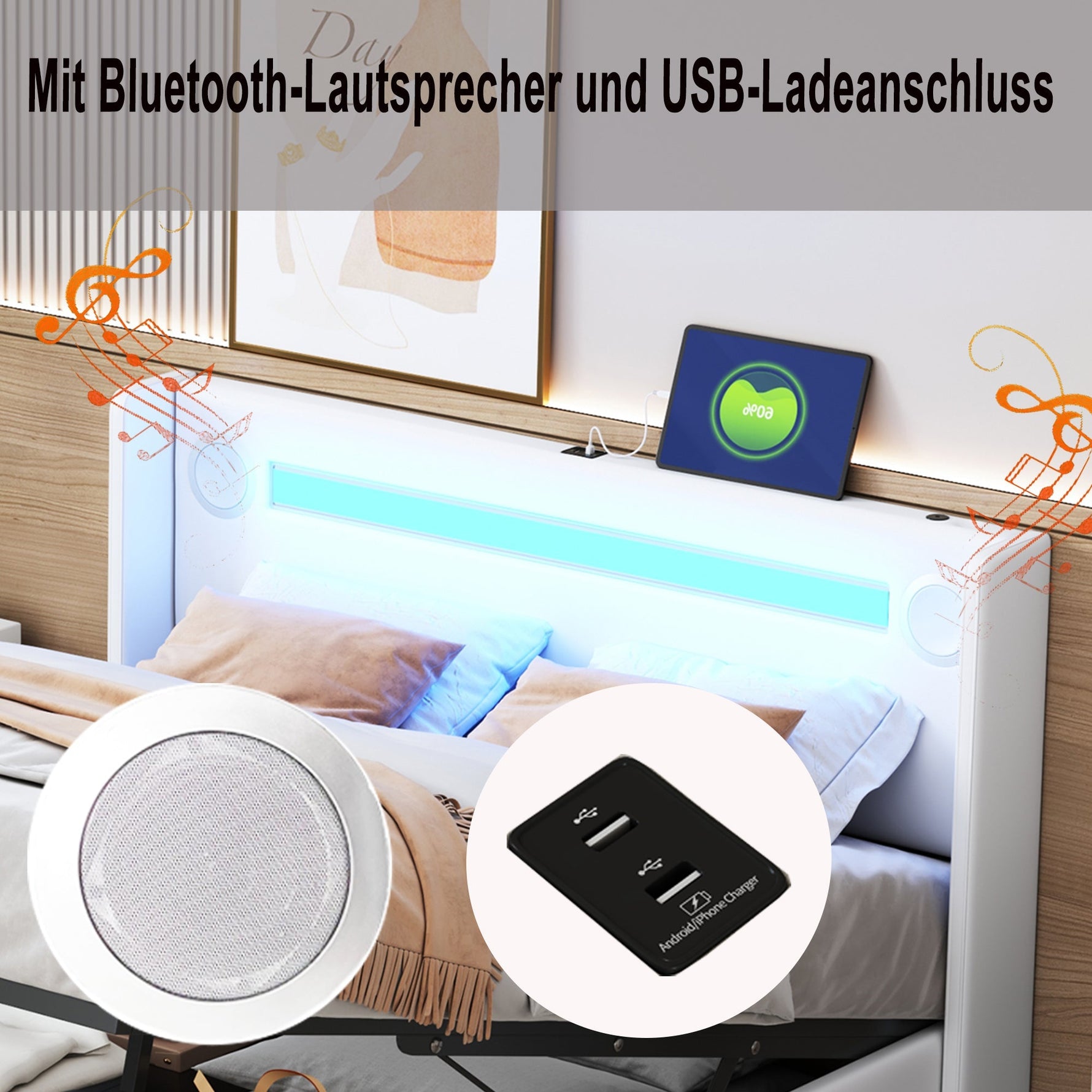 Multifunctional Upholstered Bed with LED Lighting, Bluetooth and USB Storage, White PU Leather