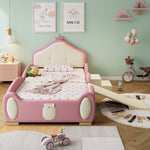 Crown Cartoon Bed Upholstered Children's Slide Stairs LED 90x200cm PU Pink + Beige