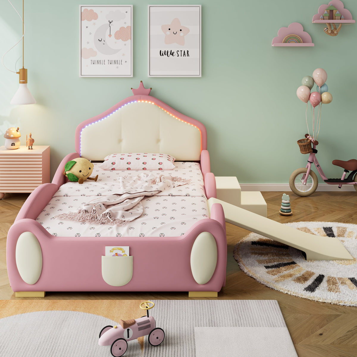Crown Cartoon Bed Upholstered Children's Slide Stairs LED 90x200cm PU Pink + Beige