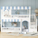 Bunk Bed with Staircase Storage and Decorative Windows, 90x200cm, White and Blue Pine + MDF + Plywood