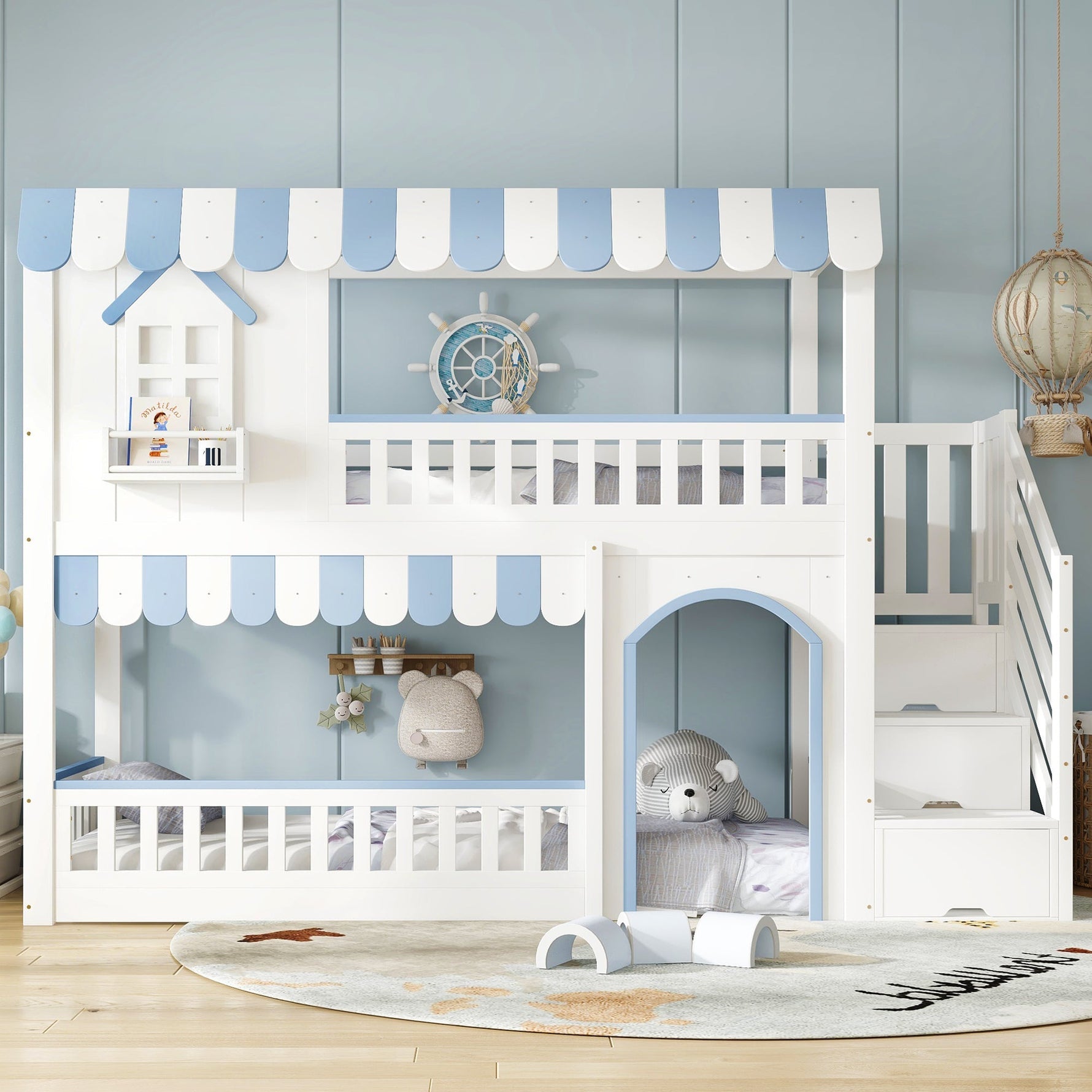 Bunk Bed with Staircase Storage and Decorative Windows, 90x200cm, White and Blue Pine + MDF + Plywood