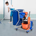 Cleaning Trolley 4 Buckets Mop System Wheels, Blue/Orange
