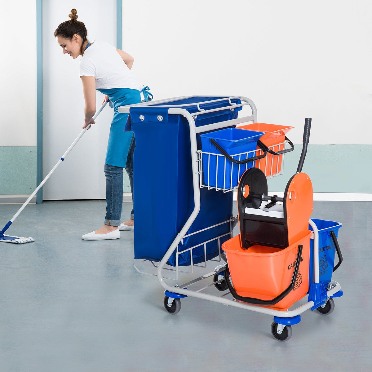 Cleaning Trolley 4 Buckets Mop System Wheels, Blue/Orange