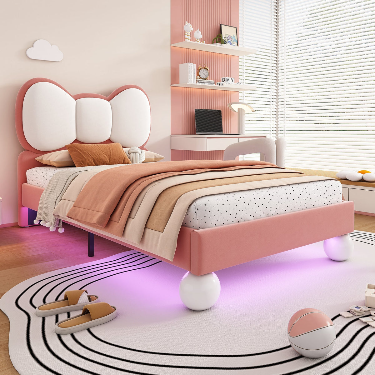 Upholstered Bed, Single Children's with Bow-Tie Headboard & LED Light, Velvet Beige + Pink