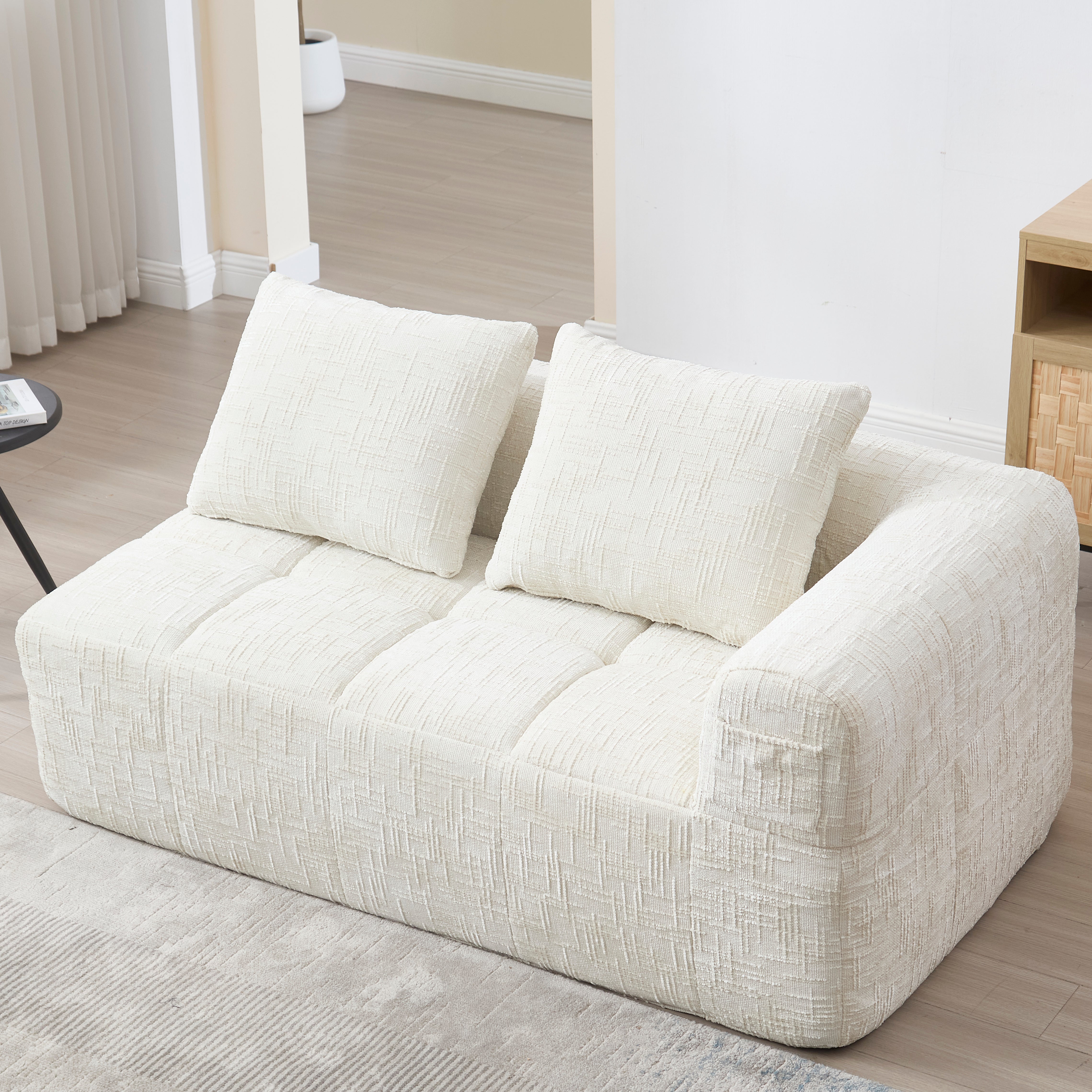 Sofa 2-Seater, Plush Cushion Side Pockets, Beige