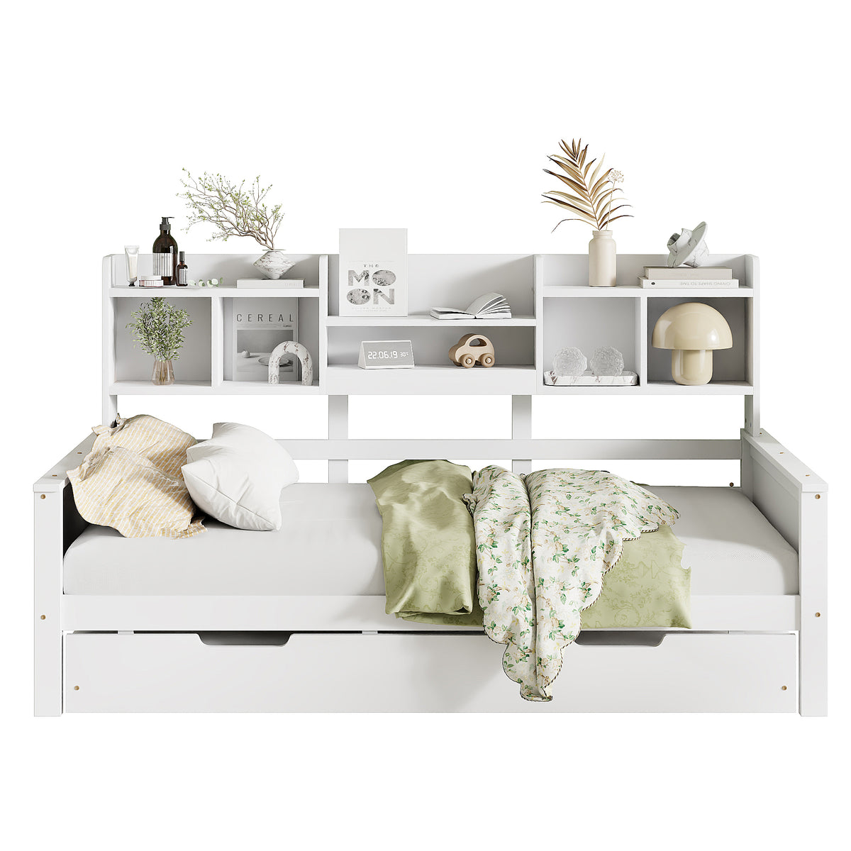 Extendable Sofa Bed 90x200cm with Pull-Out Bed & Storage, White Wood