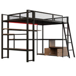 Metal Gaming Loft Bed with Integrated Workspace, LED Lighting and Storage, 140x200cm, Black