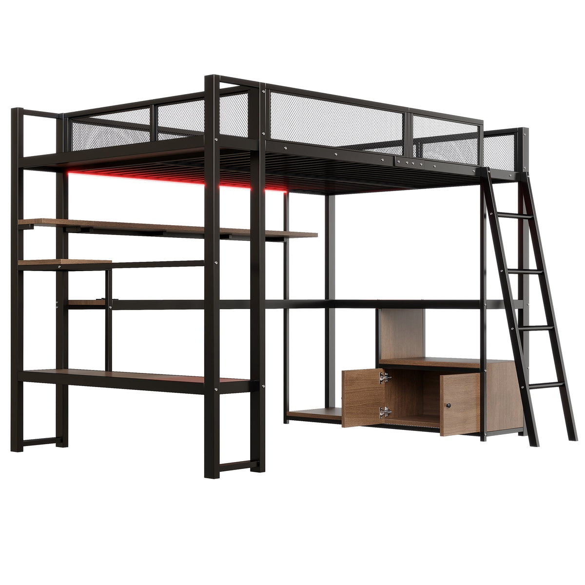 Metal Gaming Loft Bed with Integrated Workspace, LED Lighting and Storage, 140x200cm, Black