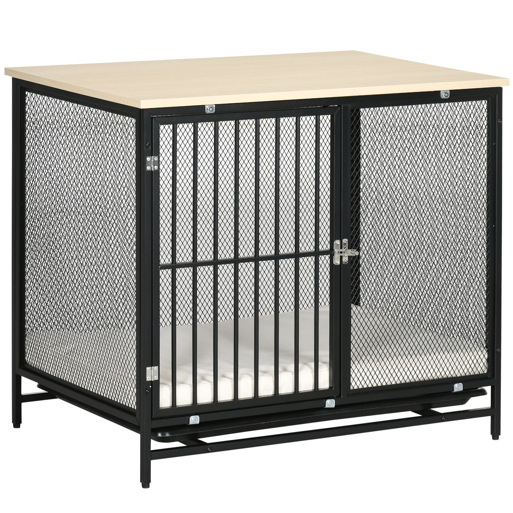 Dog Cage, Kennel with Cushion & Tray, Oak+Black