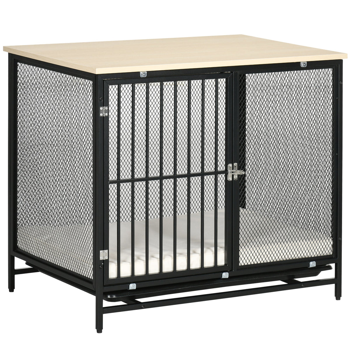 Dog Cage, Kennel with Cushion & Tray, Oak+Black