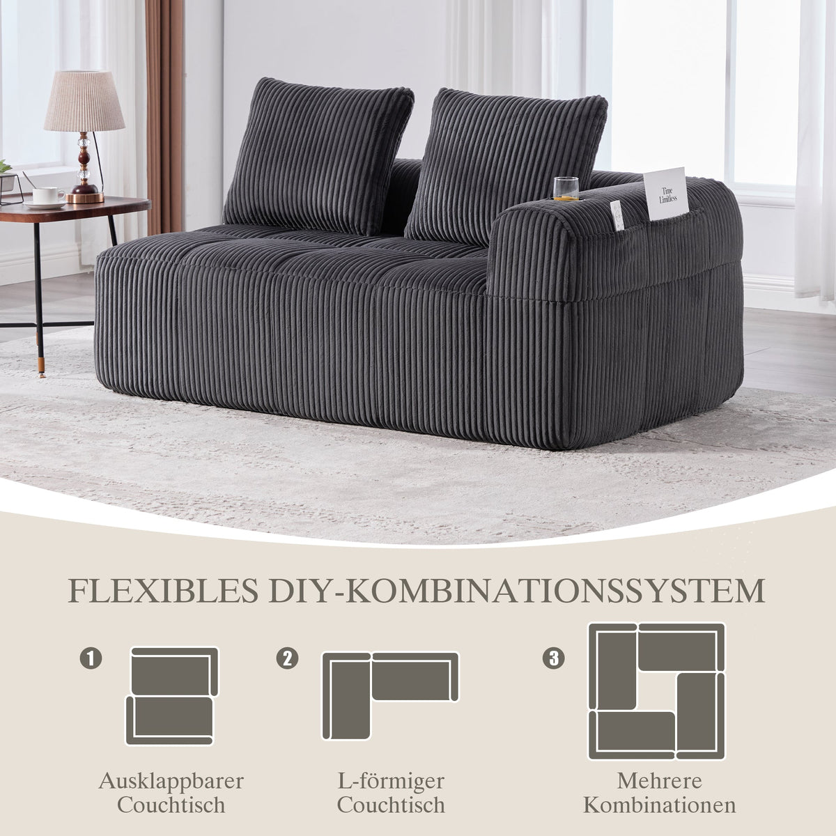 Two-Seater Sofa with Storage Pocket & Drink Holder - Corduroy