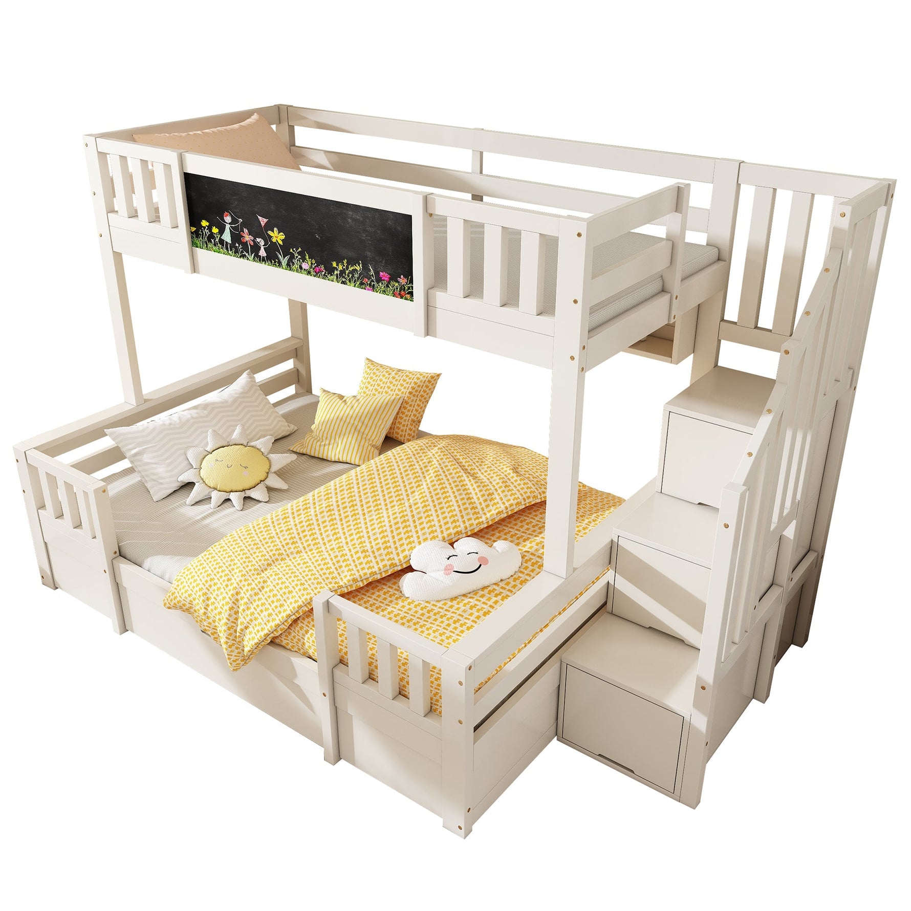 Bunk Bed for 3 Children with Chalkboard, Storage Stairs and Drawers, White Solid Wood