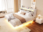 Upholstered Bed 180 x 200 cm with Storage Headboard, Charging Station and LED Lighting, Beige Velvet Fabric