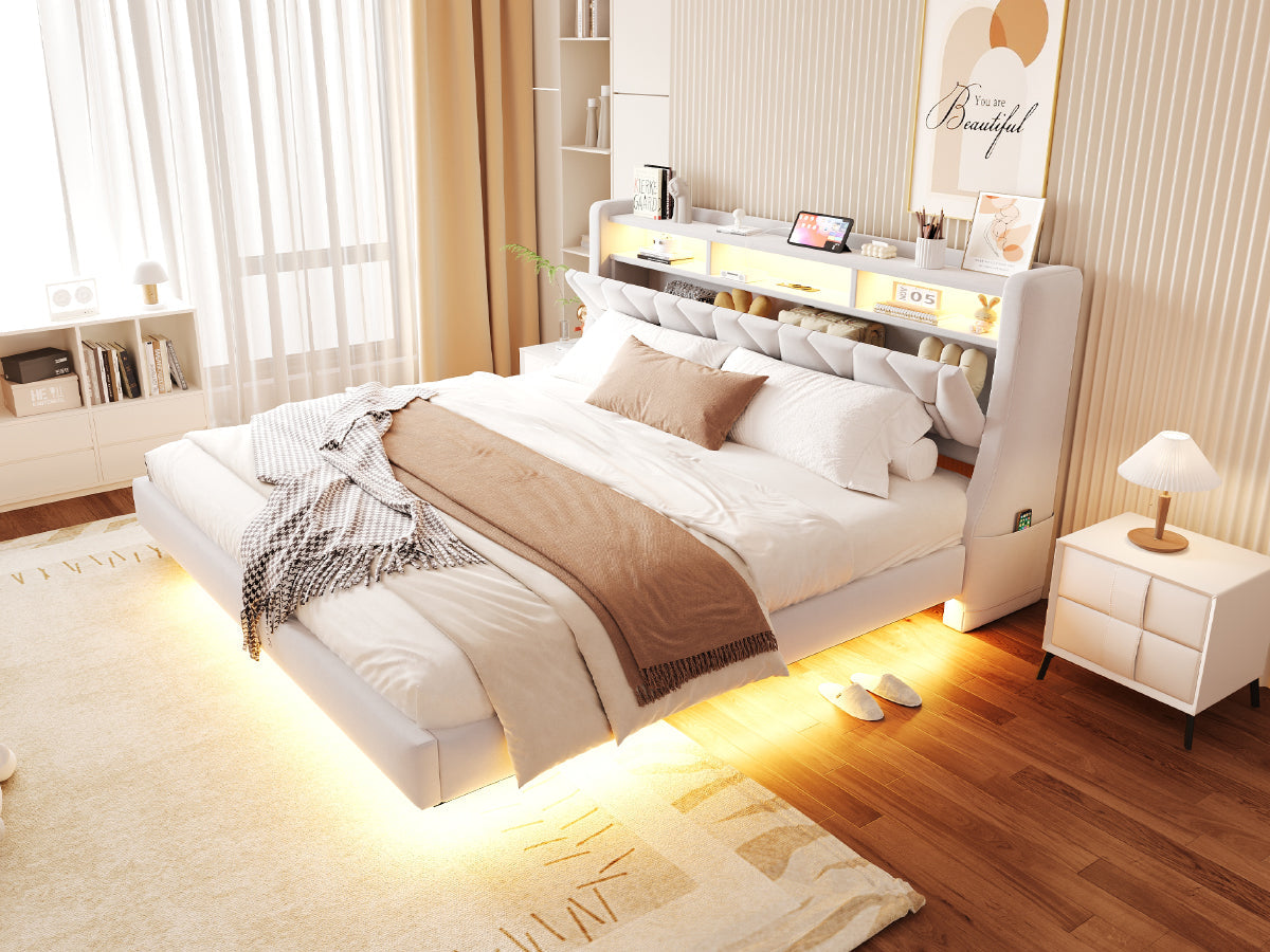 Upholstered Bed 180 x 200 cm with Storage Headboard, Charging Station and LED Lighting, Beige Velvet Fabric