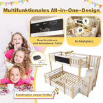 Bunk Bed for 3 Children with Chalkboard, Storage Stairs and Drawers, White Solid Wood
