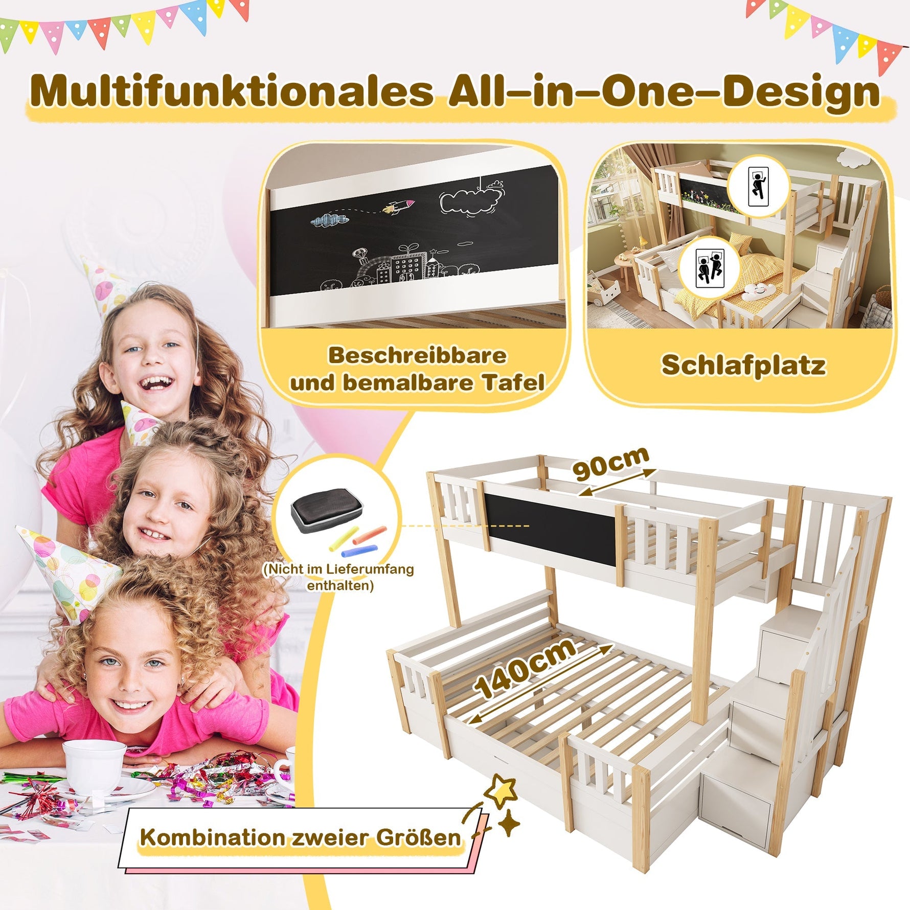 Bunk Bed for 3 Children with Chalkboard, Storage Stairs and Drawers, White Solid Wood