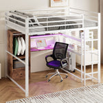 Loft Bed 140x200cm with LED Lights Desk Drawer Shelves Stairs Metal White