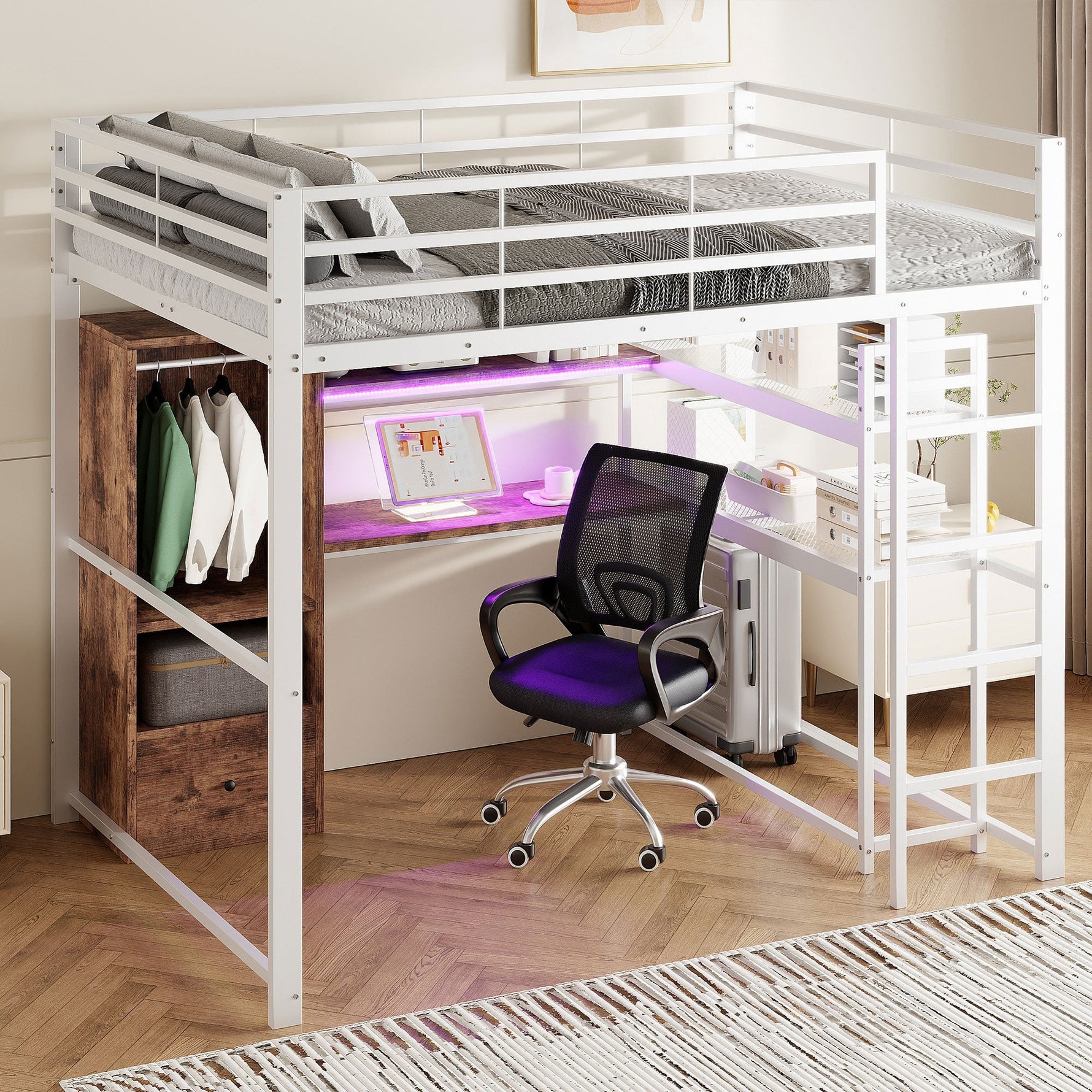Loft Bed 140x200cm with LED Lights Desk Drawer Shelves Stairs Metal White