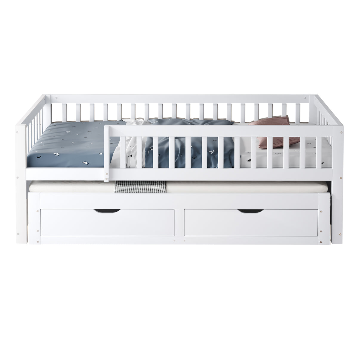 Solid Wood Sofa Bed 90x200cm with Pull-Out Bed & 2 Drawers, White