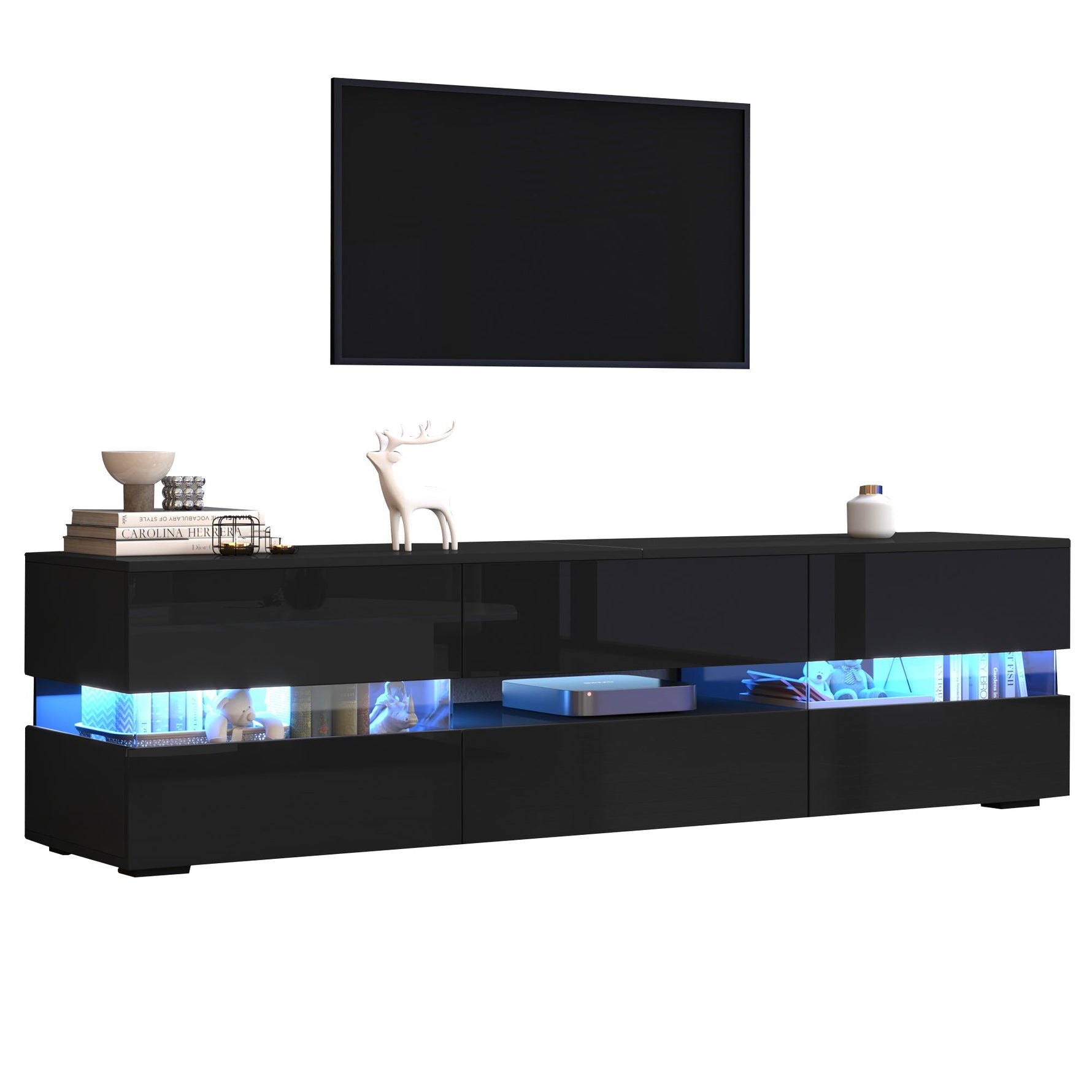 Modern High-Gloss TV Cabinet 160x39x45cm LED 2 Doors 1 Drawer - Black