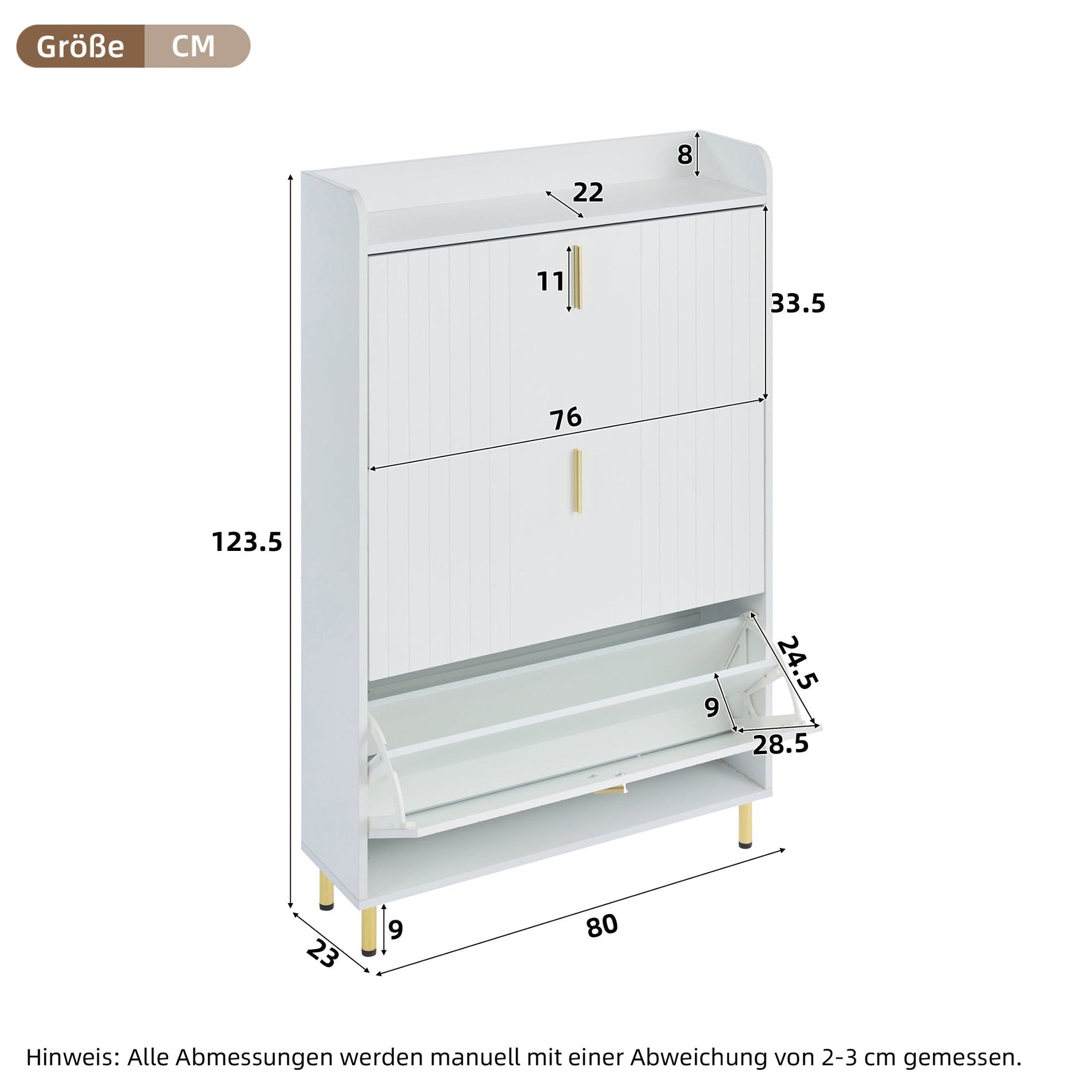 Shoe Cabinet with 3 Doors, Narrow 6 Compartment Adjustable - White