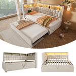 Upholstered Bed 90x200 with Trundle, LED & USB, Beige Linen