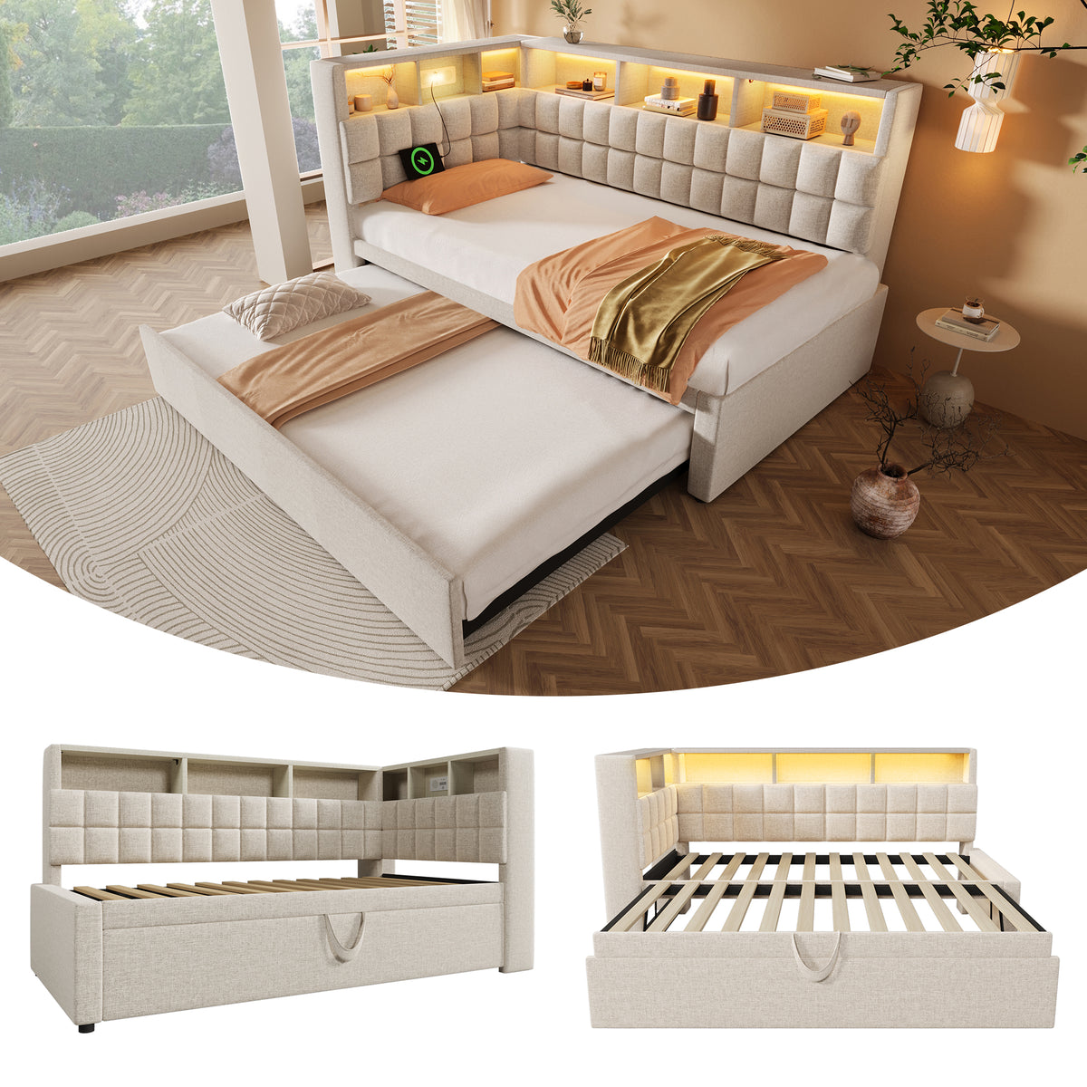 Upholstered Bed 90x200 with Trundle, LED & USB, Beige Linen