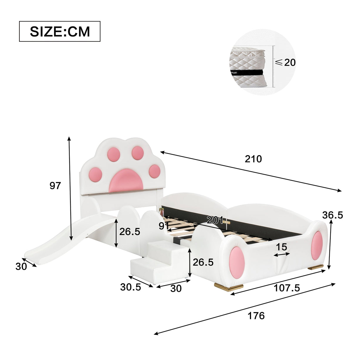 Upholstered Bed, Children's Cat Paw Headboard with Slide & Ladder, PU White + Pink