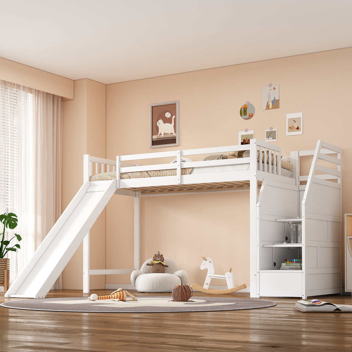 Children's Bunk Bed 90x200cm with Slide & Storage Ladder, White