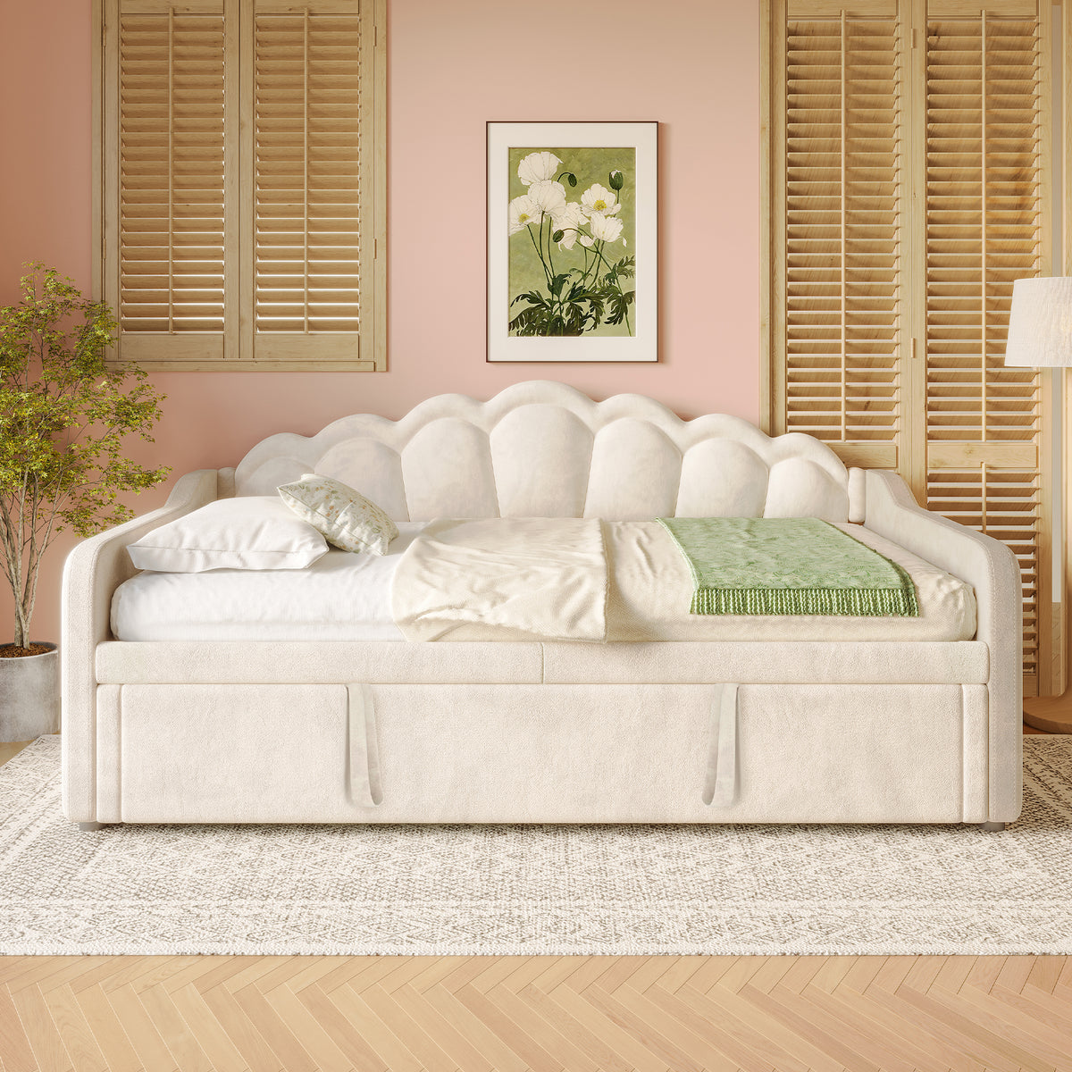 Daybed with Pull-Out Bed & LED Strip, 90x200cm, Beige Velvet