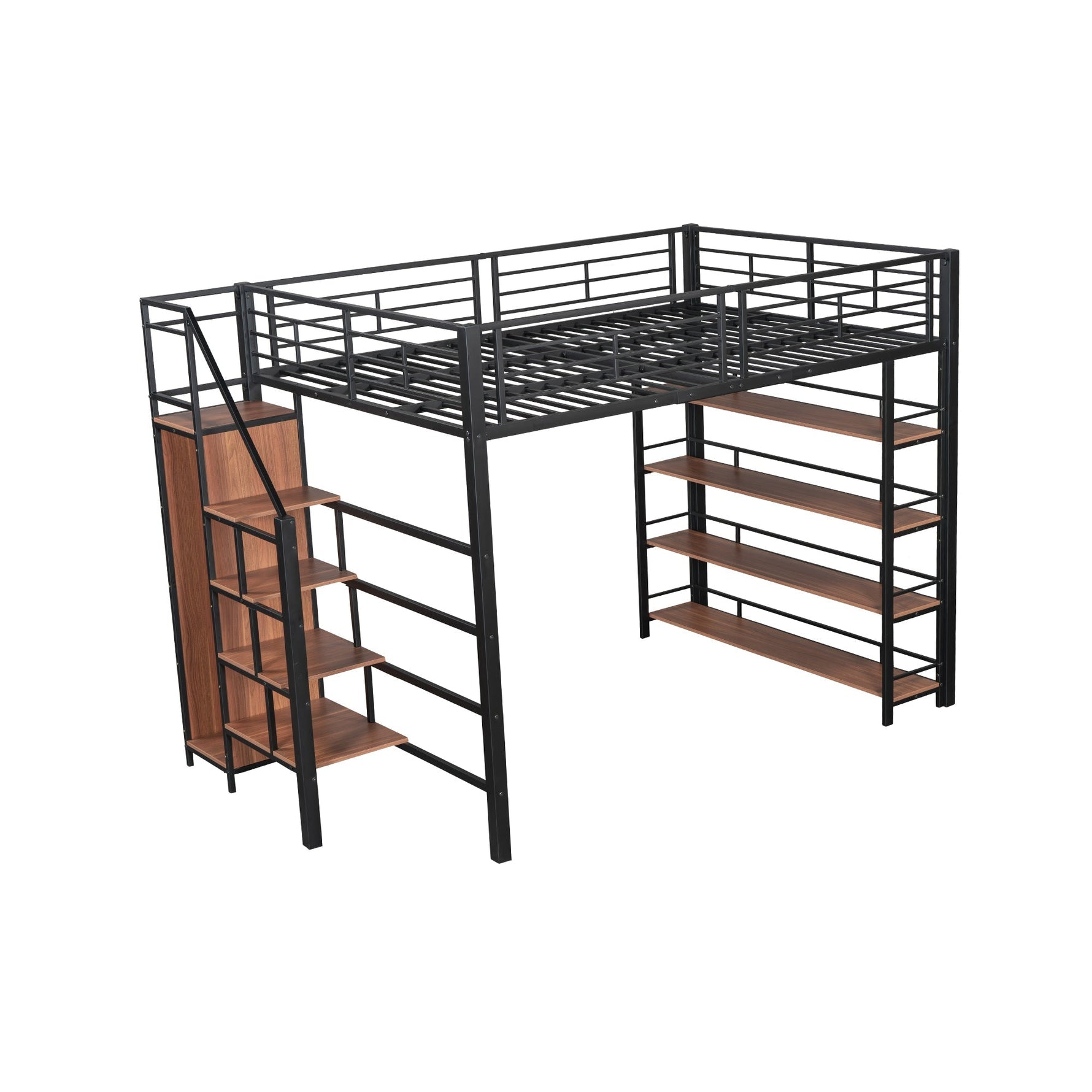 Loft Bed 140*200, Safety Stairs, Storage, Wardrobe, Shelves, Black