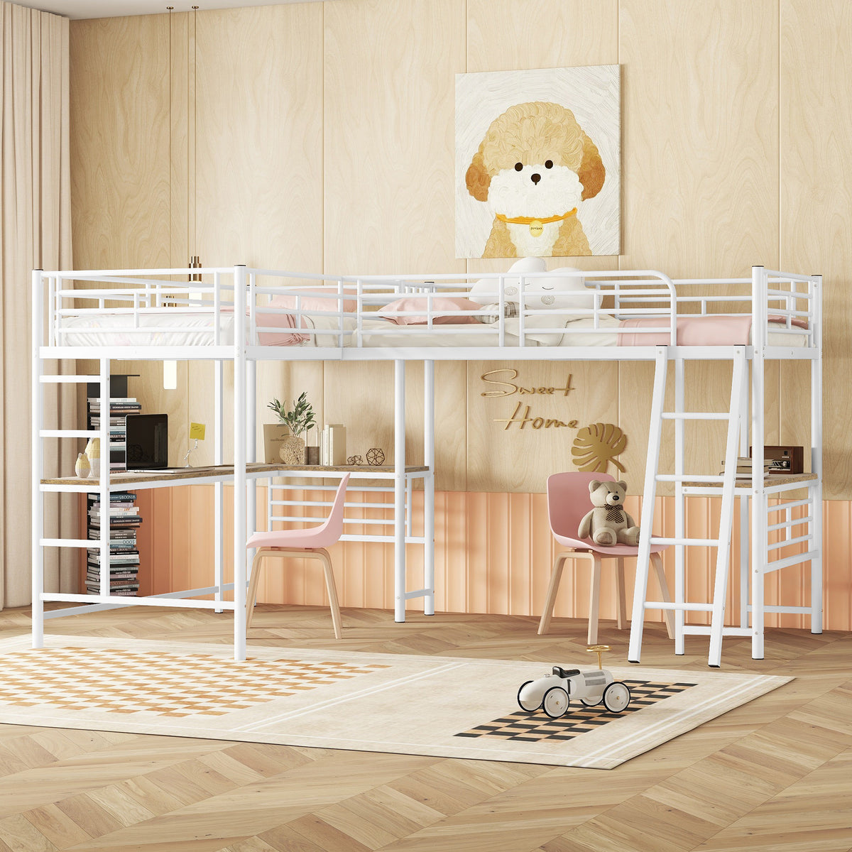 Loft Bed 90x200cm with Desk & Double Staircase, White