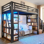 Loft Bed with Storage Steps and LED Light Strip, Black Iron Frame