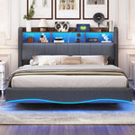 Suspended Design Upholstered Bed, Multifunctional Storage, LED, USB, Type-C, Linen Fabric Gray